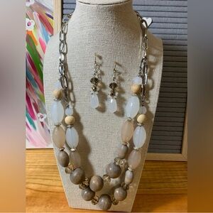 Cream & Wooden Beaded Necklace and Earring Set with Silver Tone Chain